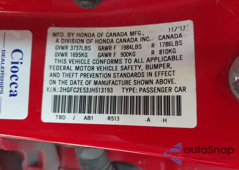 2018 Honda Civic Lx z USA, uszkodzony, nr VIN 2HGFC2E53JH513193